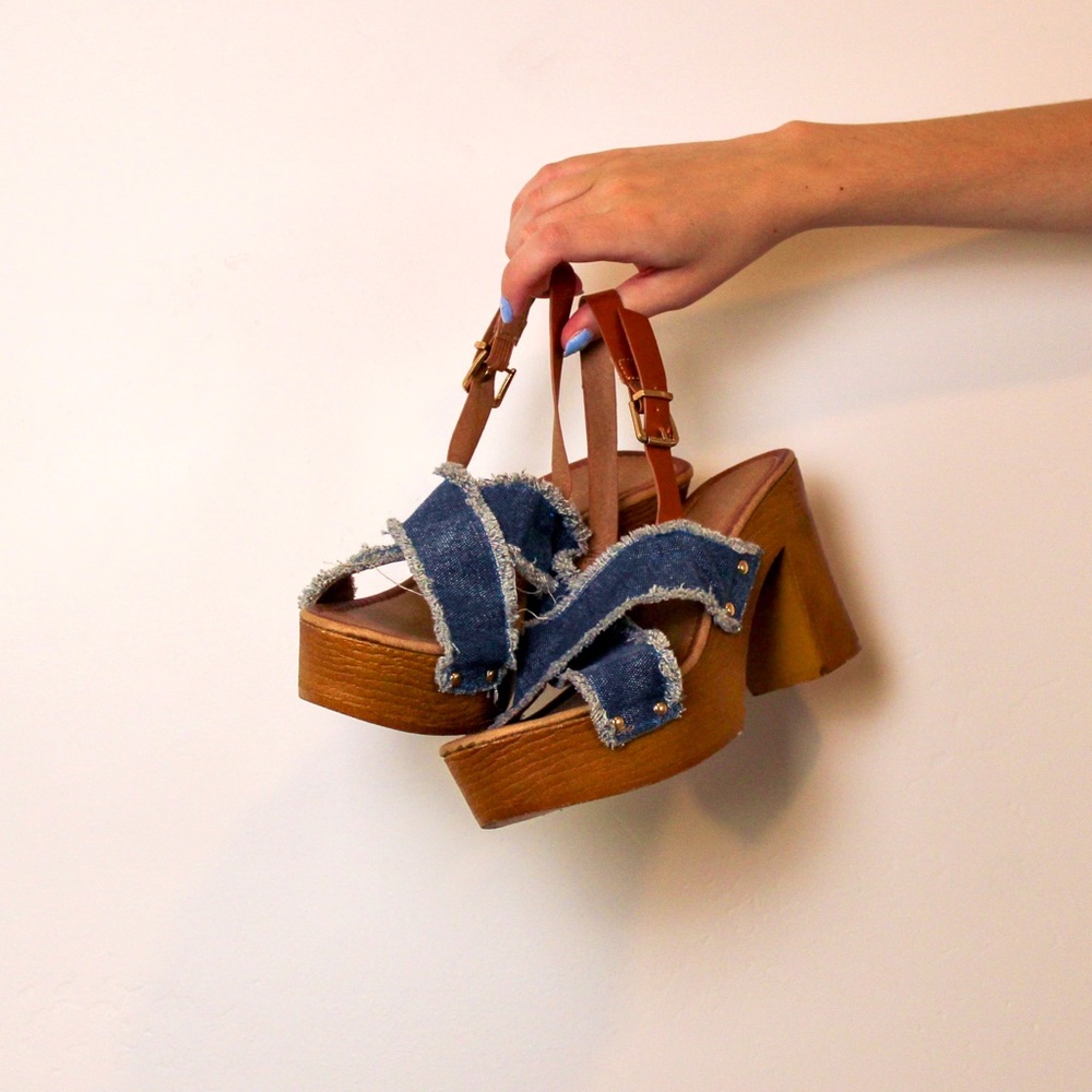 denim fringe block heels